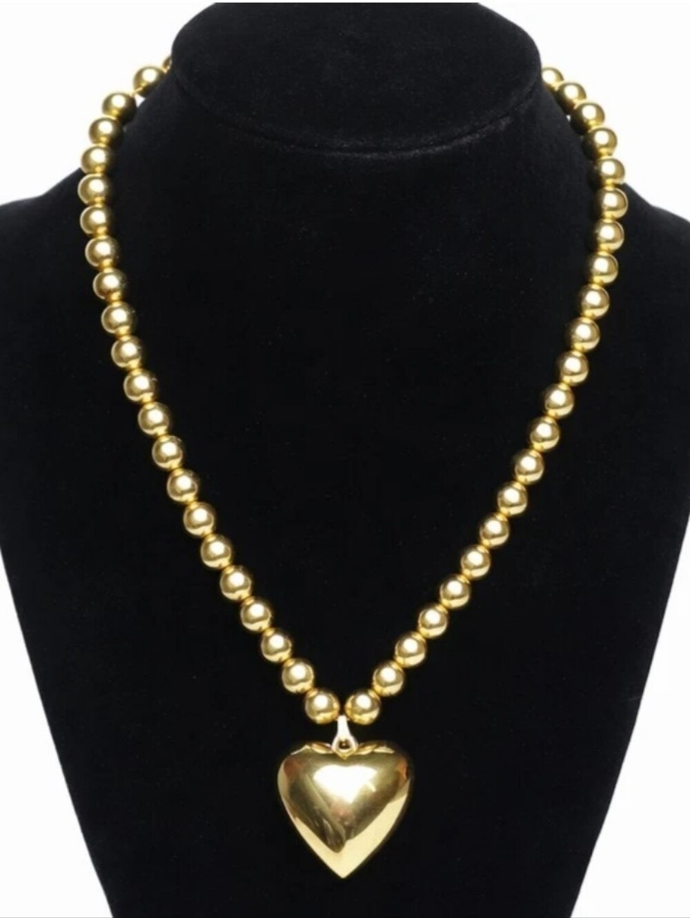 Vintage Gold Tone Puffy Heart Necklace Beaded Chain High Quality Costume 16.5